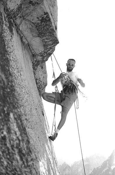 A classic shot of Royal Robbin, the king of Yosemite, aid climbing.