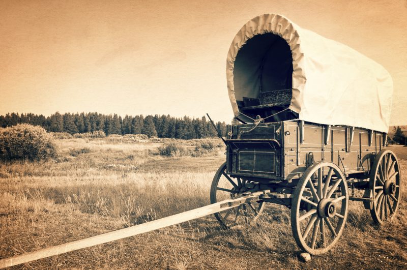 Vintage American western wagons were a common feature of frontier territories.