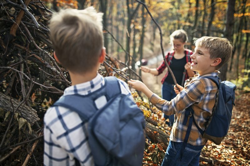 Children having fun building stick shelter in autumn forest