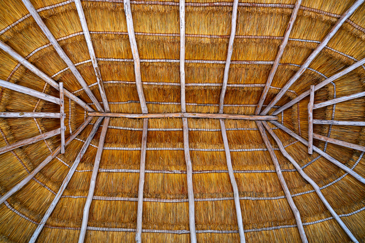 Cancun palapa roof hut detail with dried grass roofing in Mexico