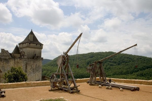 Trebuchets (siege warfare). Castle of Castelnaud, Dordogne (Perigord), Aquitaine, France.