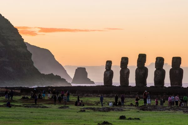 Silhouette shot of Moai statues in Easter Island, Chile