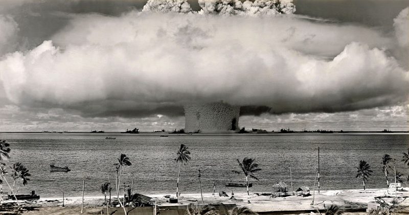 A nuclear test is conducted at Bikini Atoll in the Marshall Islands
