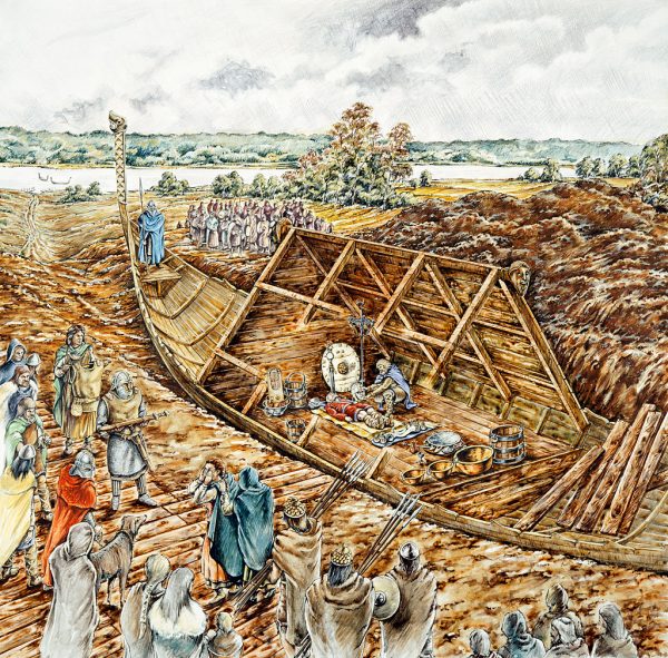 Sutton Hoo ship burial, 7th century, (1990-2010). Woodbridge, Suffolk. Reconstruction drawing of the Sutton Hoo ship burial in 620 or 630. Undisturbed ship burial, including a wealth of Anglo-Saxon artefacts
