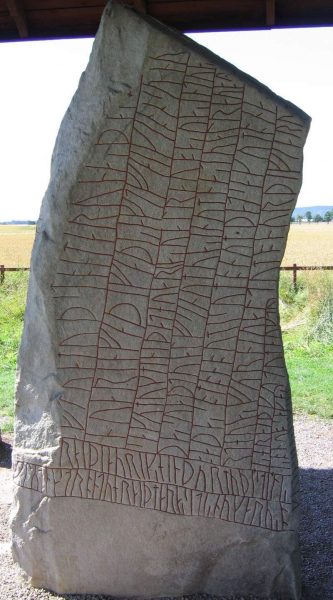 The front of the stone, the beginning of the inscription is read by tilting your head to the left