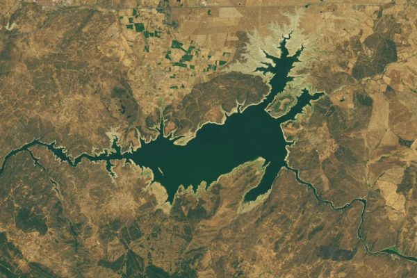 The Dolmen of Guadalperal is fully submerged in this 2013 satellite image. NASA Earth Observatory