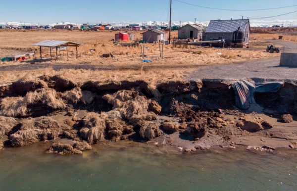 Severe erosion of the permafrost tundra threatens houses at the Yupik Eskimo village of Quinhagak in the Yukon Delta, Alaska on April 13, 2019.  MARK RALSTON/AFP via Getty Images