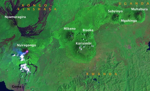 The Virunga Mountains marked on a false image Landsat photo from 2007. Built-up areas are violet, lava streams and water surfaces. Per A.J. Andersson CC BY-SA 3.0