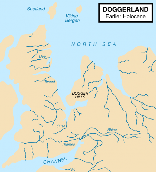 Map showing hypothetical extent of Doggerland (c. 10,000 BC), which connected Britain and continental Europe. Max Naylor – CC BY-SA 3.0