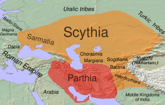 Approximate extent of Scythia within the area of distribution of Eastern Iranian languages (shown in orange) in the 1st century BC. Dbachmann – CC BY-SA 3.0