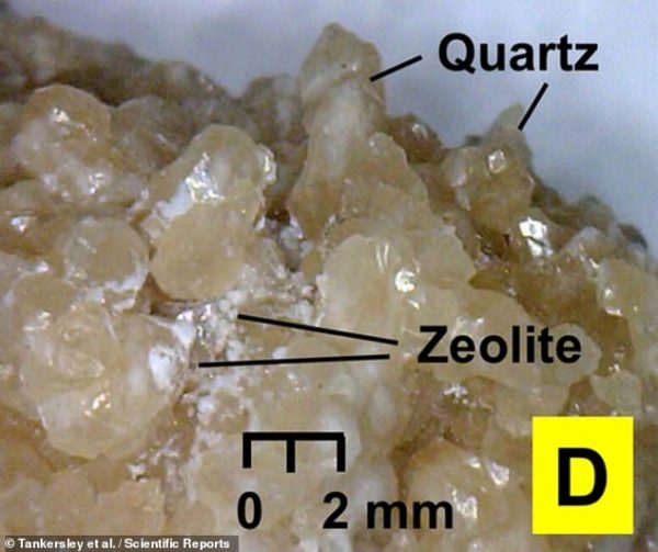 The Corriental reservoir site — once a key source of water for the ancient Maya — contained crystalline quartz in coarse sand and zeolite (pictured) imported from 18 miles north-east of the city. Quartz and zeolite, a compound containing silicon and aluminium, together serve to create a molecular sieve — and are both still used today in modern filtration systems