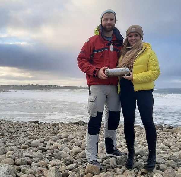 Sophie Curran and Conor McClory – found a Russian time capsule that was meant to be buried in ice for 50 years after it washed up on a beach in Donegal