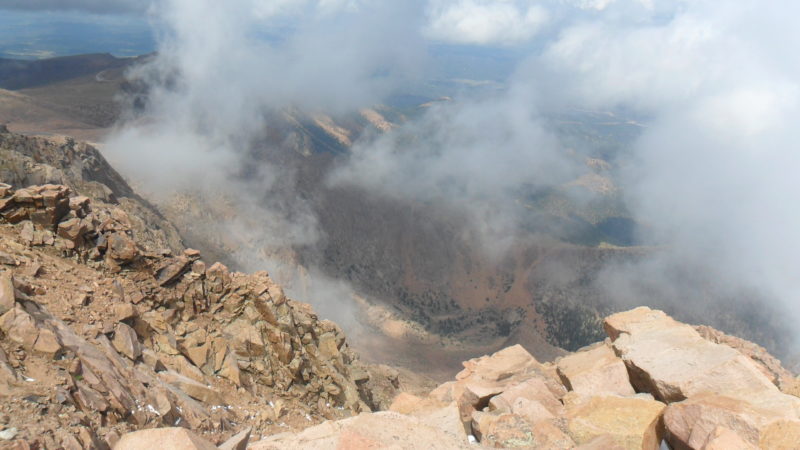View from the top of Pikes Peak, surrounded by clouds