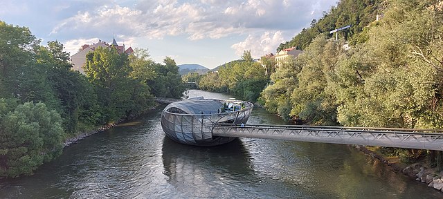 Murinsel sitting in the middle of the Mur river in Graz, Austria