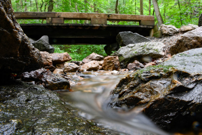 Stream running below a wooden bridge