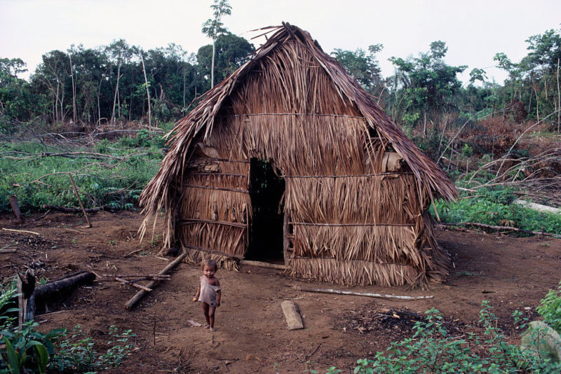 Toddler standing outside a straw hut
