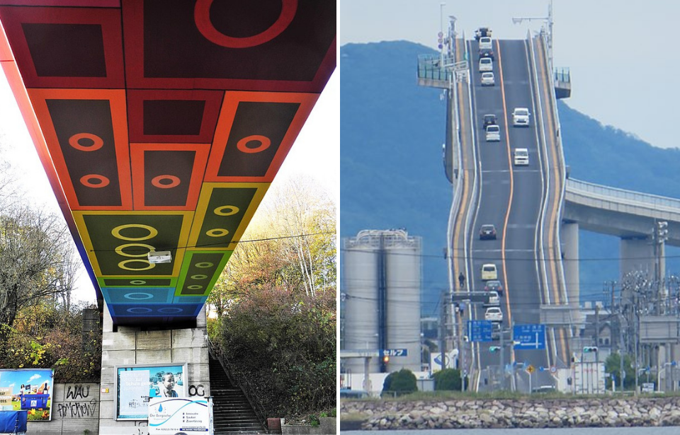 View of the underside of the Lego-Brücke + Cars driving across the Eshima Ohashi Bridge