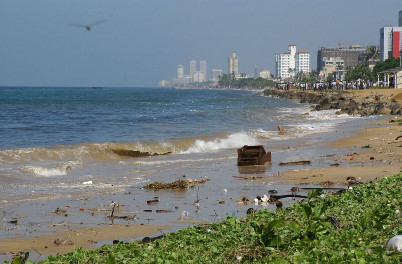 Debris-strewn coast of Colombo, Sri Lanka