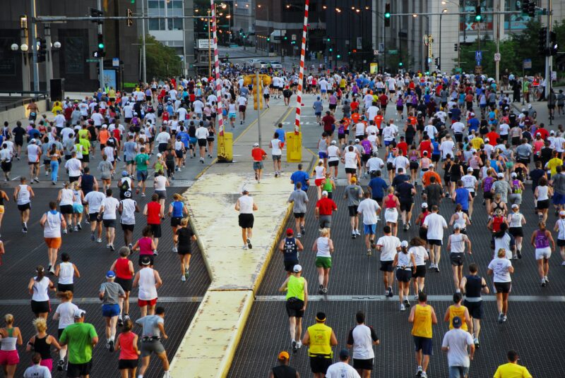 Overhead view of people running a marathon