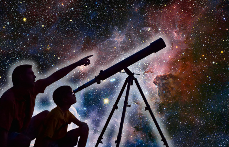 View of the Carina Nebula + Father and son looking through a telescope