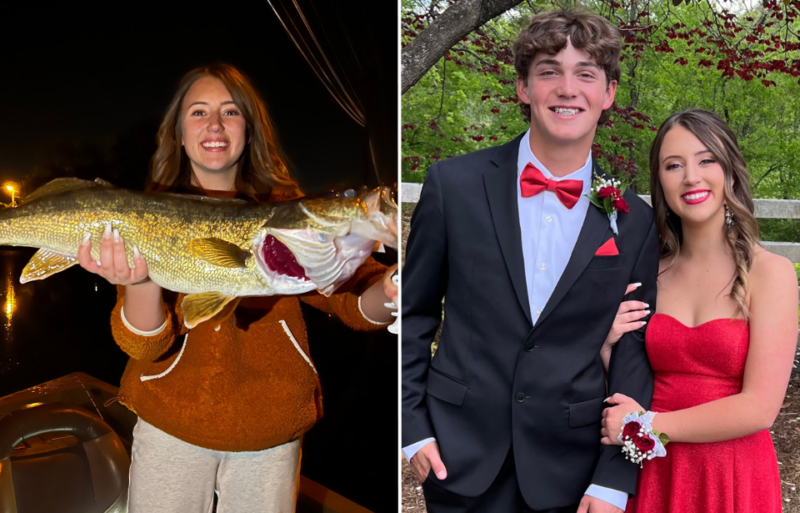 MaryJo Mattingly holding a walleye + Luke Lankford and MaryJo Mattingly posing in their prom outfits