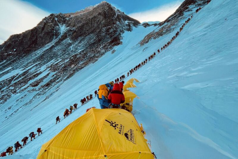 Climbers lined up along Mount Everest