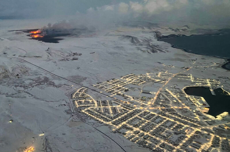 Aerial view of Grindavik  and the Fagradalsfjall volcano