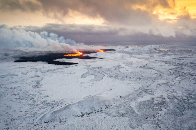 Aerial view of the Fagradalsfjall volcano erupting